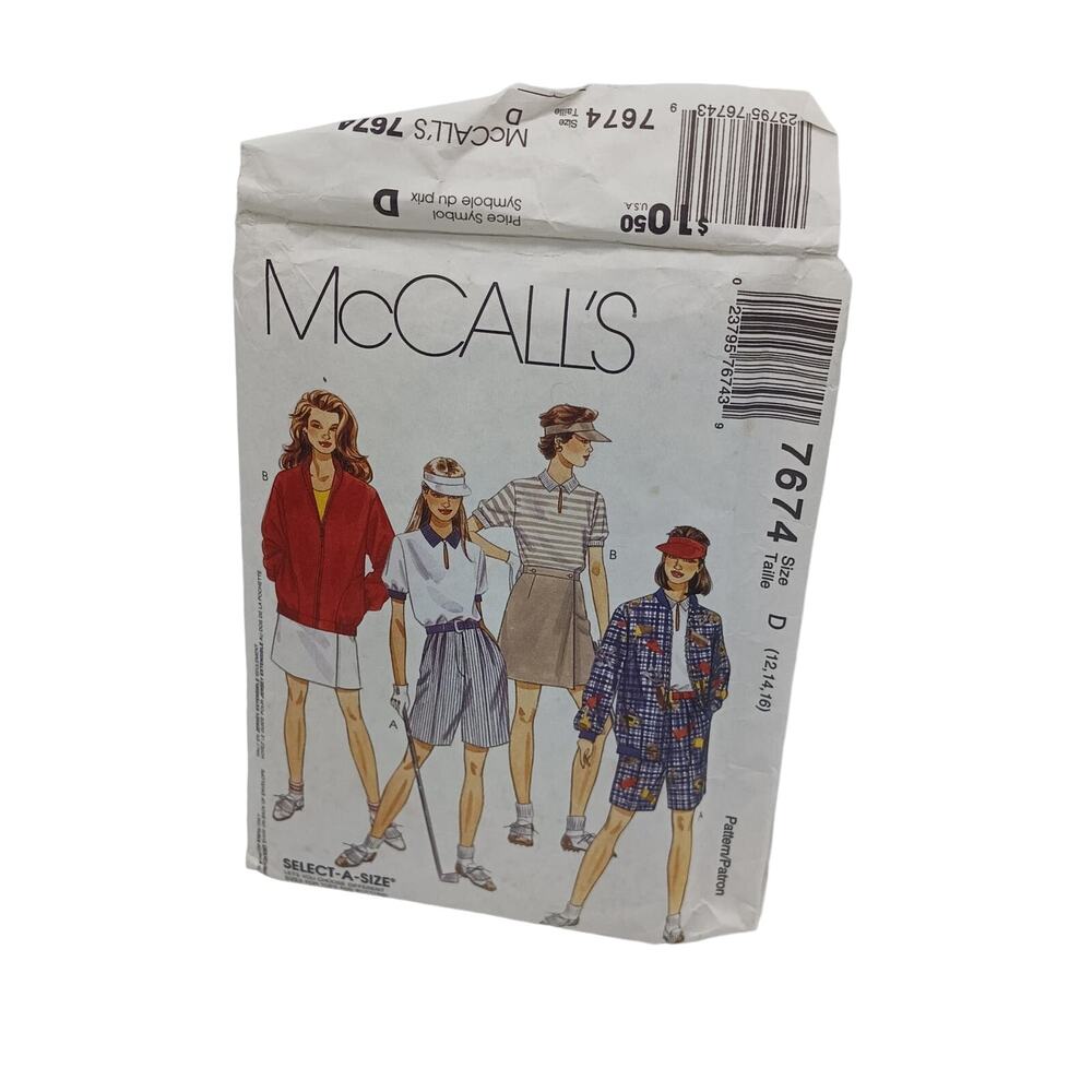 McCalls 7674 Size D 12 14 16 Tennis Golf Active Wear Top Shorts Skort Jacket